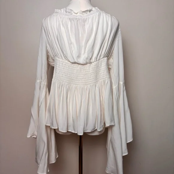 Belle Pogue White Smocked Waist Peasant Blouse Bell Sleeve Festival Top Sz 2XL - Picture 6 of 13
